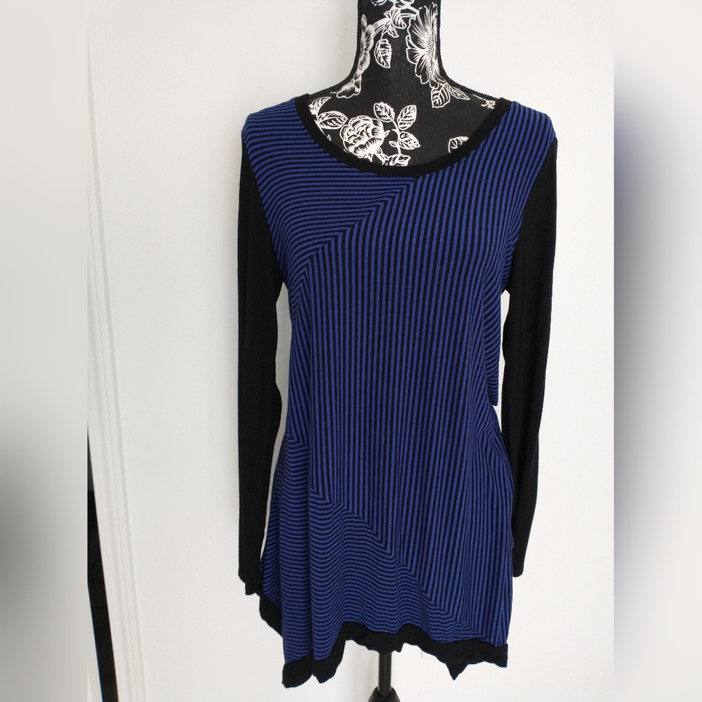 Philosophy Black & Blue Striped Long Sleeve Top